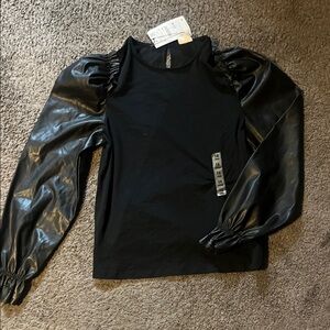 Zara Black Long Sleeve Top with Faux Leather Sleeves